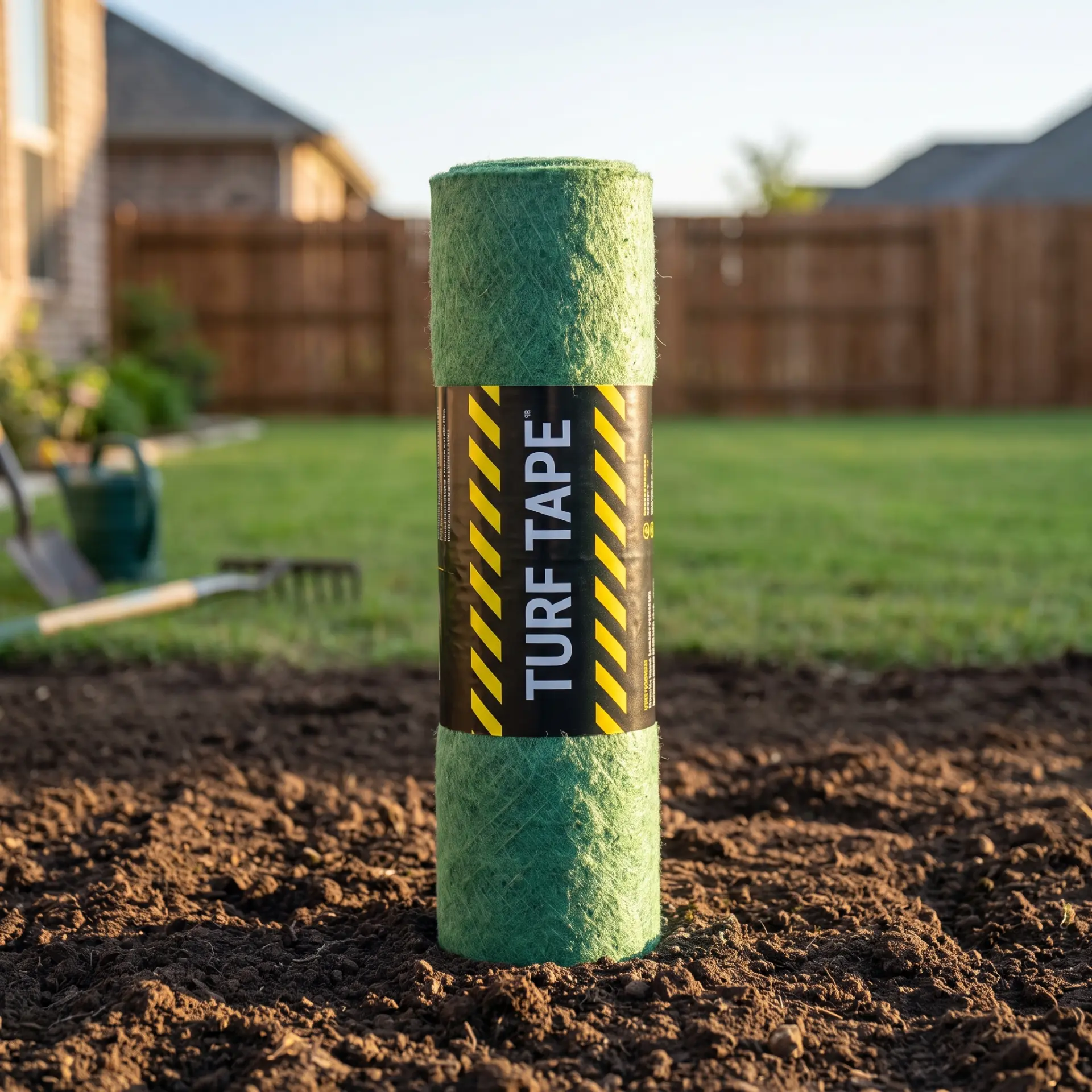 Turf Tape YARD roll standing in a freshly tilled backyard