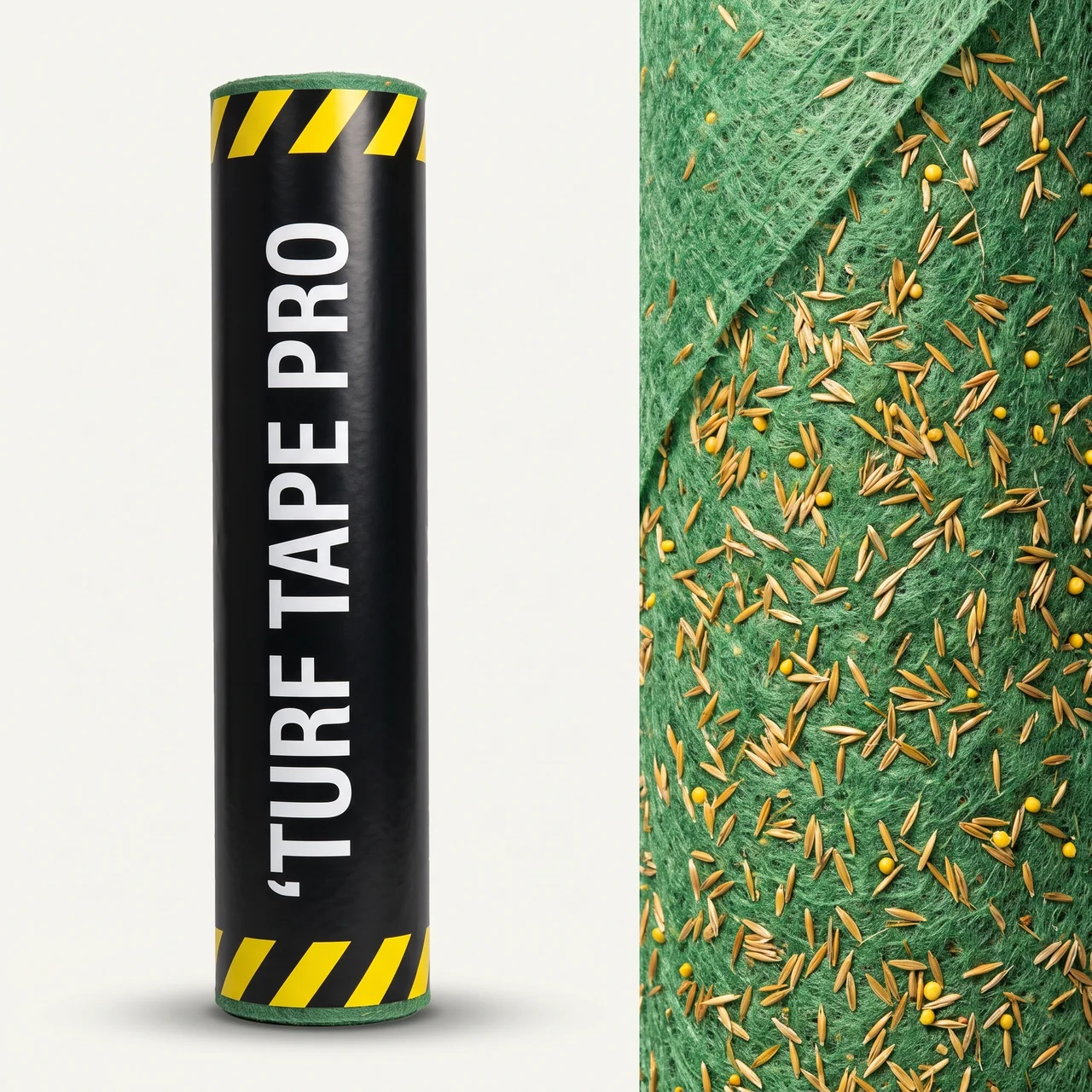 Turf Tape PRO roll studio product shot with seed and fertilizer visible in the fabric