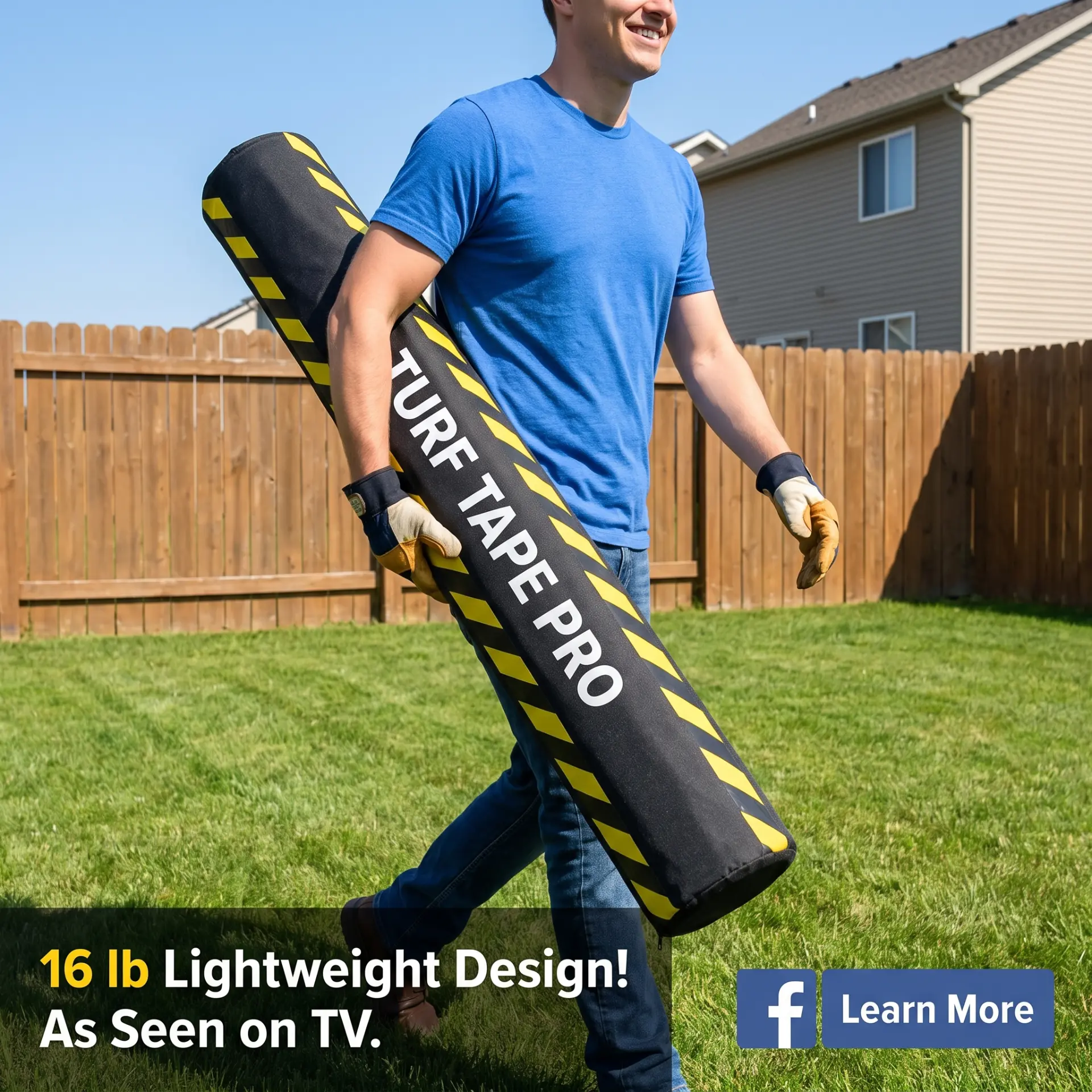 Homeowner carrying a 16 lb Turf Tape PRO roll one-handed across a backyard