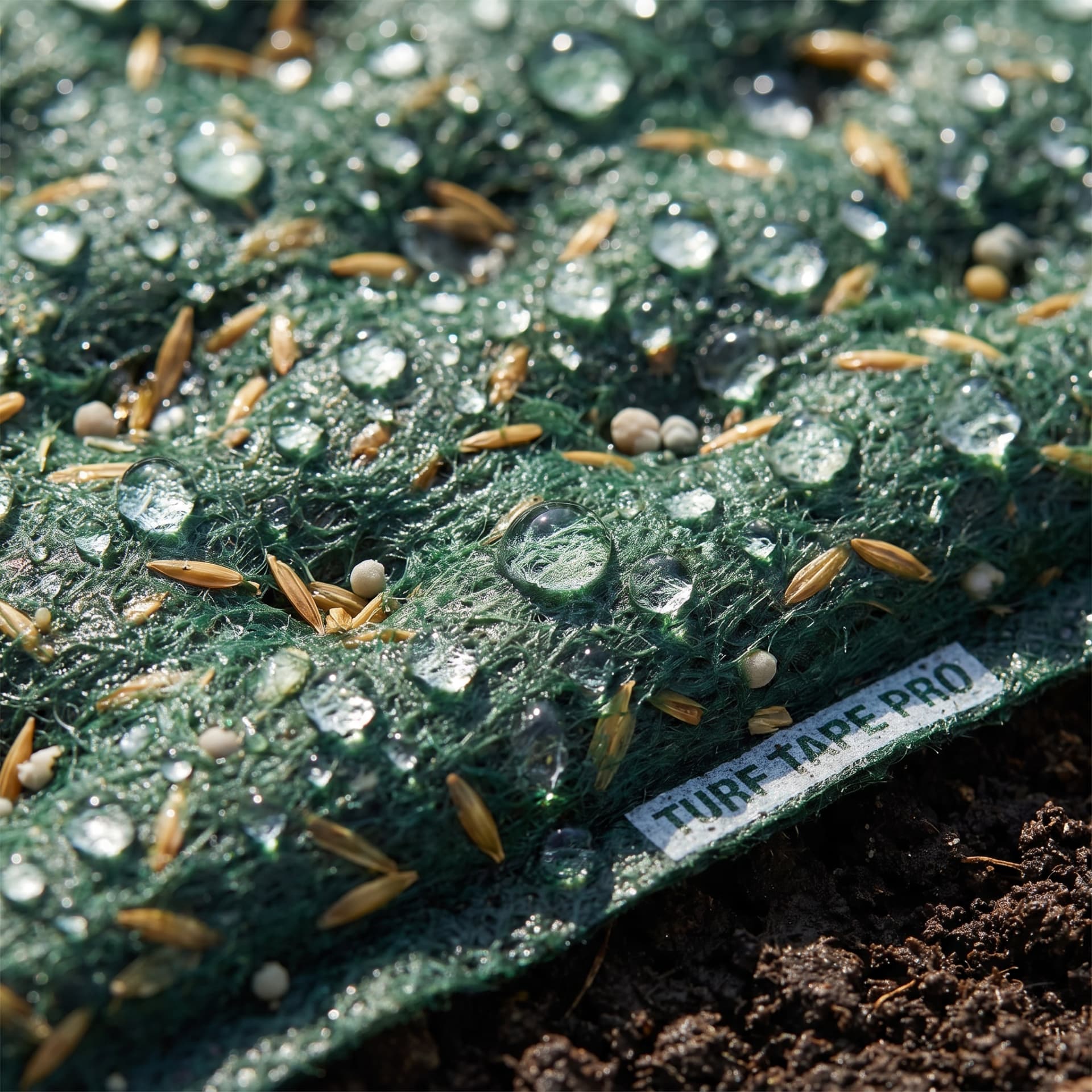 Macro view of seed, starter fertilizer and water beads held in the Turf Tape fabric