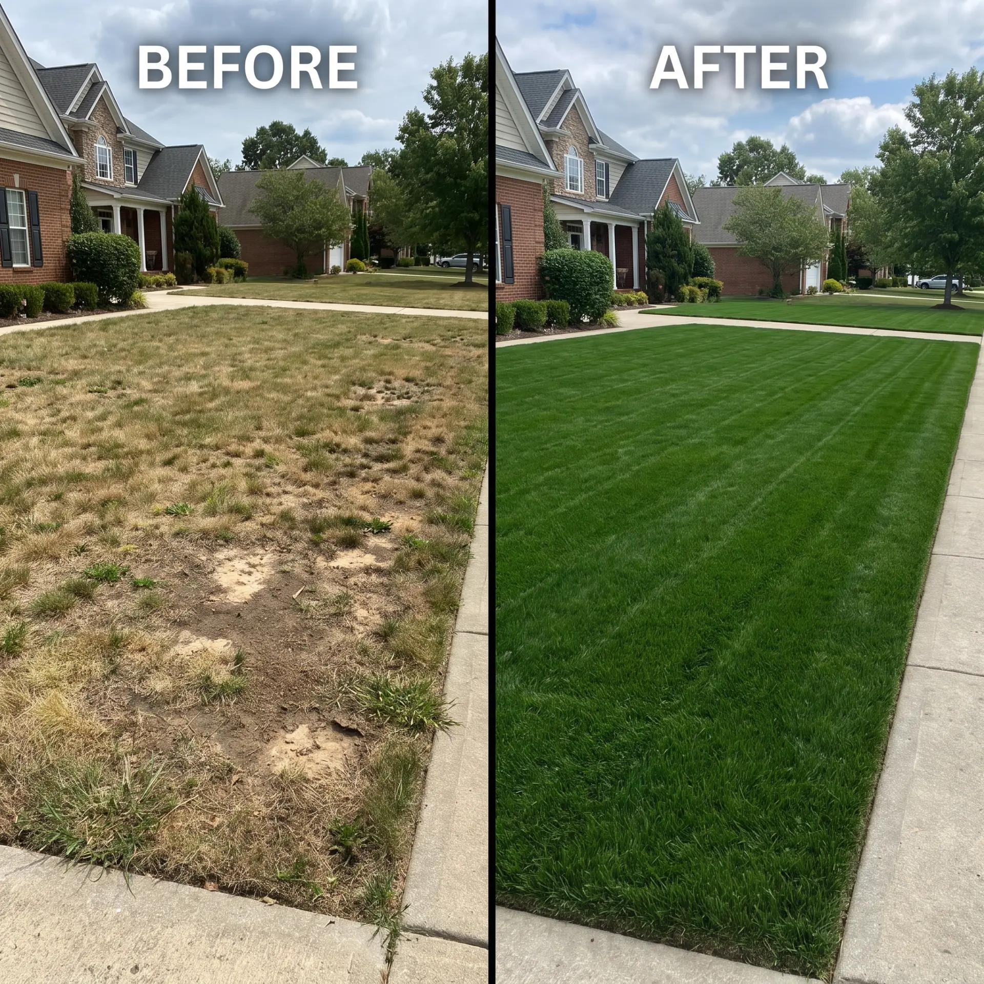 Front yard before and after Turf Tape: patchy brown grass transformed into thick striped green lawn