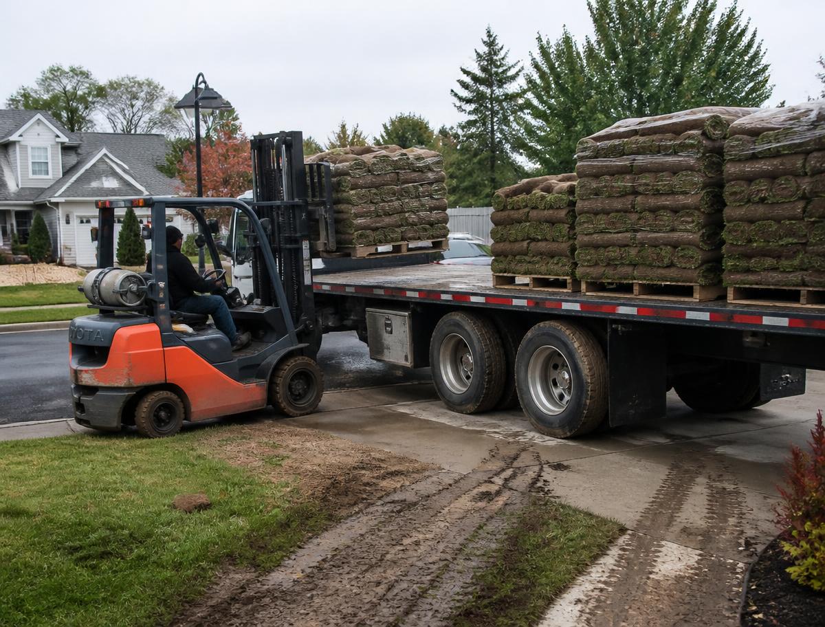 Forklift unloading pallets of sod from a flatbed truck onto a suburban driveway